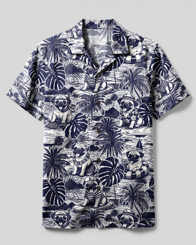 NAVY TOILE PUG DOG TROPICAL CAMP SHIRT - TLHG1008263