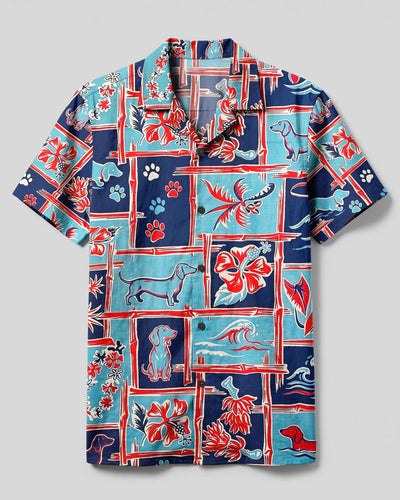 OCEAN BLUE DACHSHUND ADVENTURE PATCHWORK CAMP SHIRT - TYLN2508261