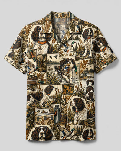 RUSTIC DUCK HUNTING ENGLISH SPRINGER SPANIEL DOG COLLAGE CAMP SHIRT - TLTW2409263