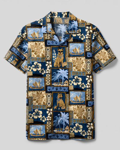 VINTAGE BEACH PITBULL DOG COLLAGE CAMP SHIRT - TLTW1808262