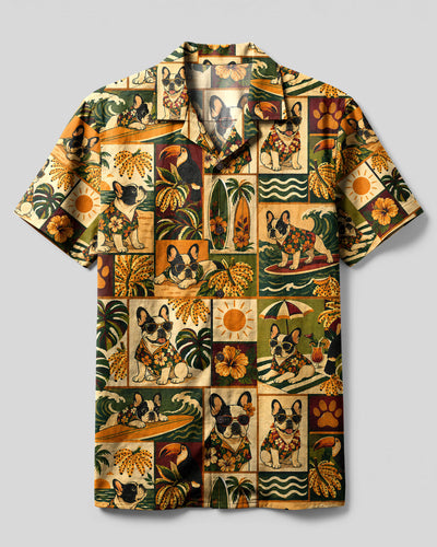 FRENCHIE COASTAL ESCAPE PATCHWORK FRENCH BULLDOG CAMP SHIRT  - TLHG1808263