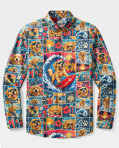 SURFING BEACH GOLDEN RETRIEVER DOG PATCHWORK LONG SLEEVE BUTTON-DOWN SHIRT - TYPQ1909263