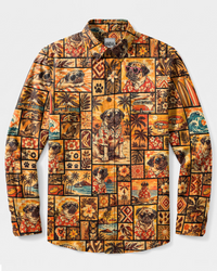 ALOHA BEACH PUG DOG PATCHWORK LONG SLEEVE BUTTON-DOWN SHIRT - TYPQ2909269