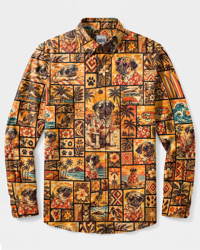 ALOHA BEACH PUG DOG PATCHWORK LONG SLEEVE BUTTON-DOWN SHIRT - TYPQ2909269