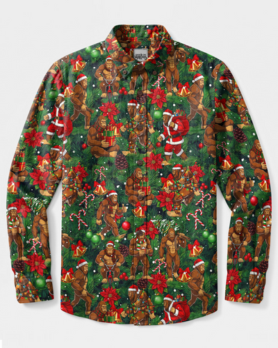CHRISTMAS SANTA BIGFOOT PATCHWORK LONG SLEEVE BUTTON-DOWN SHIRT - TYPQ0510267
