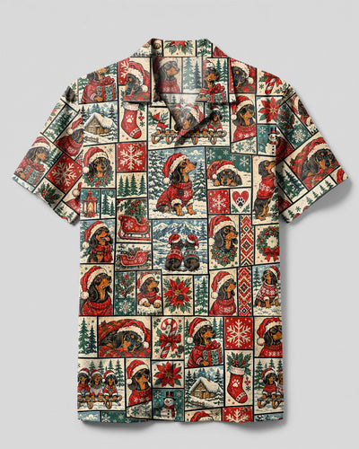 CHRISTMAS SANTA DACHSHUND DOG PATCHWORK CAMP SHIRT - TYPQ0110263