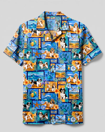SHIH TZU DOG BEACH PARADISE PATCHWORK CAMP SHIRT - TYPQ21082610