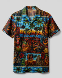 TROPICAL DACHSHUND DOG PATCHWORK CAMP SHIRT  - TLNT0807261