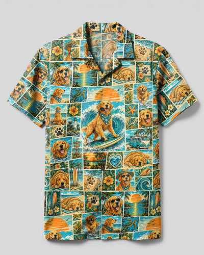 SURFING GOLDEN RETRIEVER DOG PATCHWORK CAMP SHIRT - TYPQ2609263