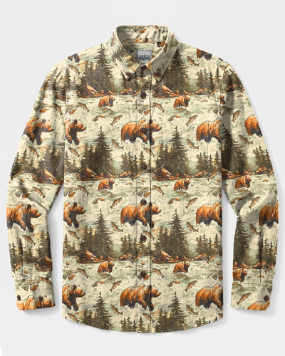 WILDERNESS BEAR AND PINES ART LONG SLEEVE BUTTON-DOWN SHIRT - TYPQ2408266