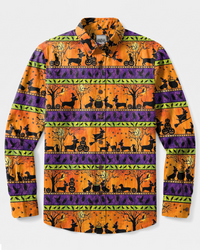 HALLOWEEN WIENER DOG WITCH FLYING BROOM PATCHWORK LONG SLEEVE BUTTON-DOWN SHIRT - TYPQ0409263