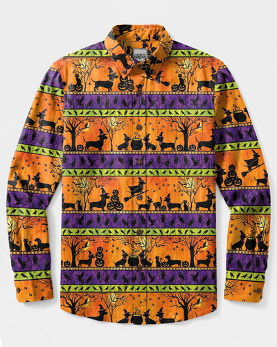 HALLOWEEN WIENER DOG WITCH FLYING BROOM PATCHWORK LONG SLEEVE BUTTON-DOWN SHIRT - TYPQ0409263