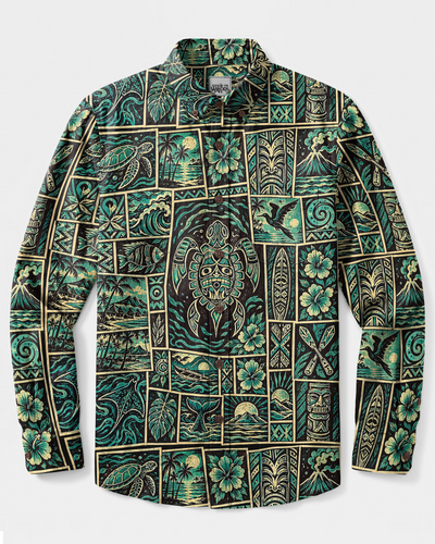 PARADISE TURTLE PATCHWORK LONG SLEEVE BUTTON-DOWN SHIRT - TYPQ2209264