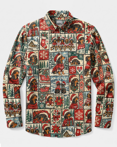 CHRISTMAS SANTA DACHSHUND DOG PATCHWORK LONG SLEEVE BUTTON-DOWN SHIRT - TYPQ0110262