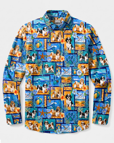 SHIH TZU DOG BEACH PARADISE PATCHWORK LONG SLEEVE BUTTON-DOWN SHIRT - TYPQ2108269
