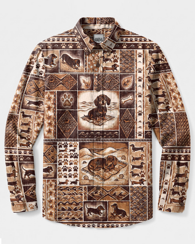 BEACH DACHSHUND PATCHWORK GRID LONG SLEEVE BUTTON-DOWN SHIRT - TYPQ1809263