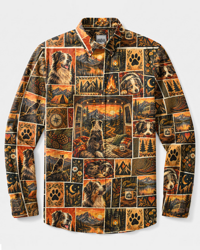 OUTDOOR AUSTRALIAN SHEPHERD DOG PATCHWORK LONG SLEEVE BUTTON-DOWN SHIRT - TYPQ1809266