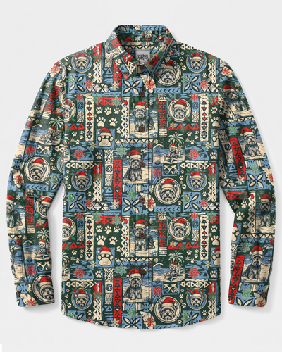 SANTA YORKIE TERRIER DOG PATCHWORK CHRISTMAS LONG SLEEVE BUTTON-DOWN SHIRT - TYPQ1310263