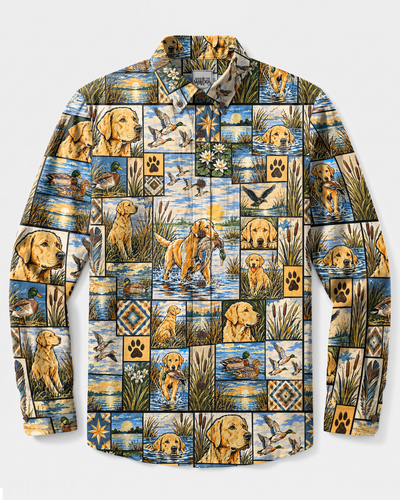 LAKE HUNTING LABRADOR DOG PATCHWORK LONG SLEEVE BUTTON-DOWN SHIRT - TYPQ29092612