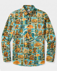 SURFING GOLDEN RETRIEVER DOG PATCHWORK LONG SLEEVE BUTTON-DOWN SHIRT - TYPQ2609262