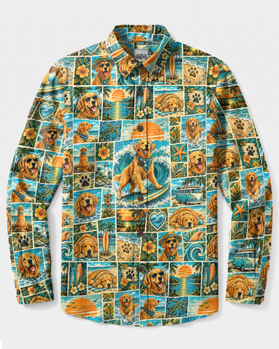 SURFING GOLDEN RETRIEVER DOG PATCHWORK LONG SLEEVE BUTTON-DOWN SHIRT - TYPQ2609262