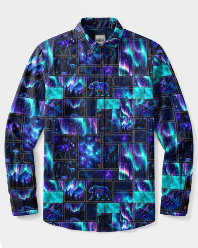 WHISPERS OF THE AURORA PATCHWORK LONG SLEEVE BUTTON-DOWN SHIRT - TYPQ2408269