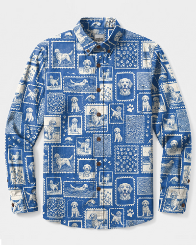 OCEAN GOLDEN RETRIEVER DOG PATCHWORK LONG SLEEVE BUTTON-DOWN SHIRT - TYPQ1709264