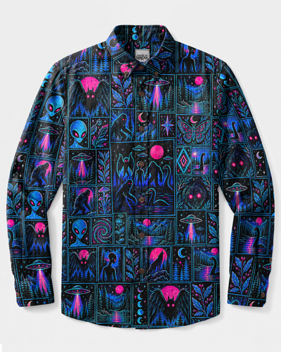 NEON CRYPTID PATCHWORK LONG SLEEVE BUTTON-DOWN SHIRT - TYPQ2409265