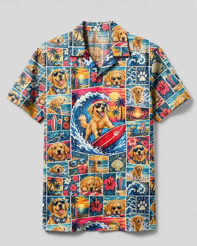 SURFING BEACH GOLDEN RETRIEVER DOG PATCHWORK CAMP SHIRT - TYPQ1909264