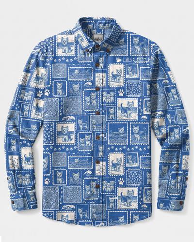 OCEAN YORKIE TERRIER DOG PATCHWORK LONG SLEEVE BUTTON-DOWN SHIRT - TYPQ2909262
