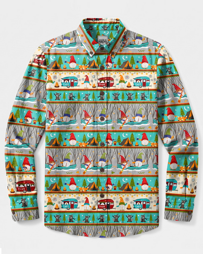 FESTIVE FOREST GNOME PATCHWORK LONG SLEEVE BUTTON-DOWN SHIRT - TYPQ2108267