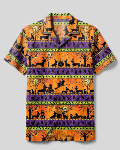 HALLOWEEN WIENER DOG WITCH FLYING BROOM PATCHWORK CAMP SHIRT - TYPQ0409264