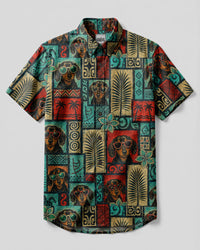 TRIBAL DACHSHUND DOG TROPICAL PATCHWORK BUTTON-DOWN COLLAR SHIRT  - TLNT1507263