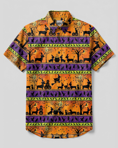 HALLOWEEN WIENER DOG WITCH FLYING BROOM PATCHWORK BUTTON-DOWN COLLAR SHIRT - TYPQ0409262