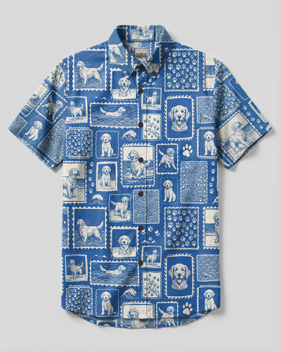OCEAN GOLDEN RETRIEVER DOG PATCHWORK BUTTON-DOWN COLLAR SHIRT - TYPQ1709263