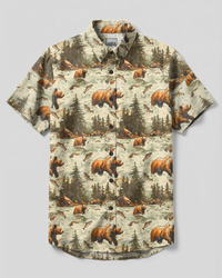 WILDERNESS BEAR AND PINES ART BUTTON-DOWN COLLAR SHIRT - TYPQ2408265