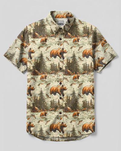 WILDERNESS BEAR AND PINES ART BUTTON-DOWN COLLAR SHIRT - TYPQ2408265