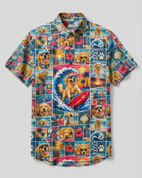 SURFING BEACH GOLDEN RETRIEVER DOG PATCHWORK BUTTON-DOWN COLLAR SHIRT - TYPQ1909262