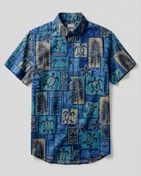 TROPICAL SEA TURTLE TRIBAL PATCHWORK BUTTON-DOWN COLLAR SHIRT  - TLTW1507263