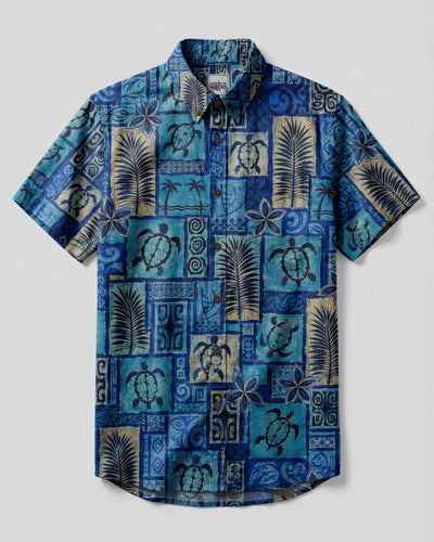 TROPICAL SEA TURTLE TRIBAL PATCHWORK BUTTON-DOWN COLLAR SHIRT  - TLTW1507263