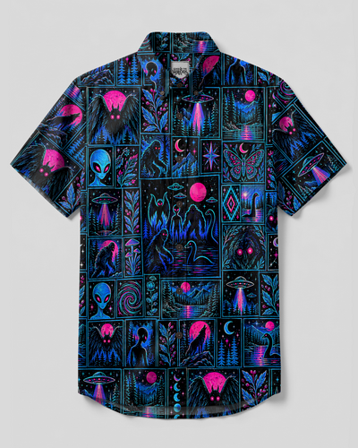 NEON CRYPTID PATCHWORK BUTTON-DOWN COLLAR SHIRT - TYPQ2409264