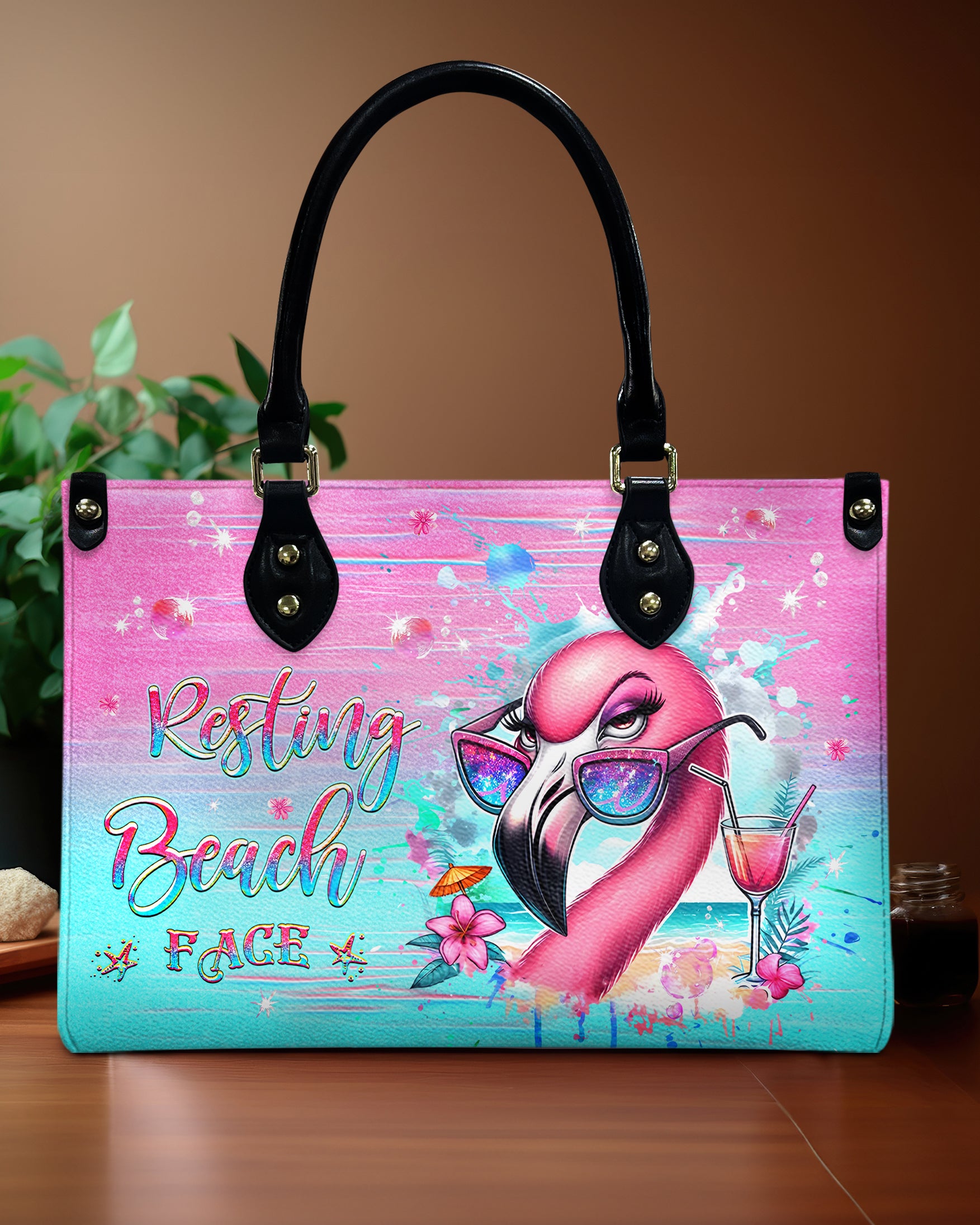 RESTING BEACH FACE FLAMINGO LEATHER HANDBAG - YHHG0312244