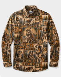 VINTAGE COMPASS AUSTRALIAN SHEPHERD DOG PATCHWORK LONG SLEEVE BUTTON-DOWN SHIRT - TLTW26082610