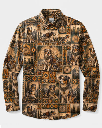 VINTAGE COMPASS AUSTRALIAN SHEPHERD DOG PATCHWORK LONG SLEEVE BUTTON-DOWN SHIRT - TLTW26082610