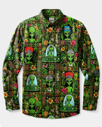 NEON ALIEN TROPICAL PATCHWORK LONG SLEEVE BUTTON-DOWN SHIRT - TLTW2008264