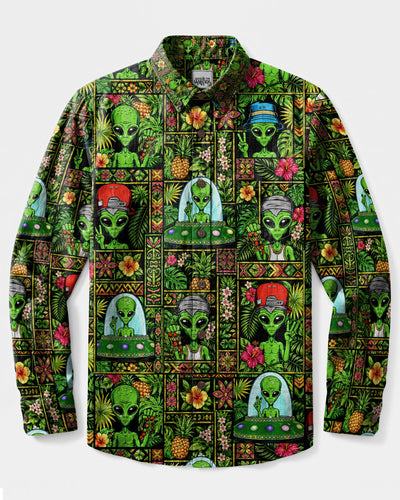 NEON ALIEN TROPICAL PATCHWORK LONG SLEEVE BUTTON-DOWN SHIRT - TLTW2008264