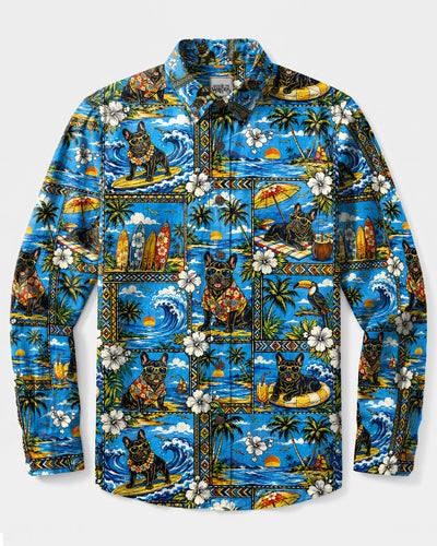 VIBRANT BEACH FRENCH BULLDOG LONG SLEEVE BUTTON-DOWN SHIRT - TLTW2608267