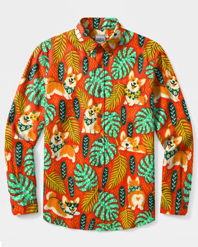 CORGI DOG TROPICAL PATTERN LONG SLEEVE BUTTON-DOWN SHIRT  - TLNO0110261