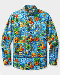 TROPICAL PARROT PARADISE PATCHWORK LONG SLEEVE BUTTON-DOWN SHIRT - TLTW2408263