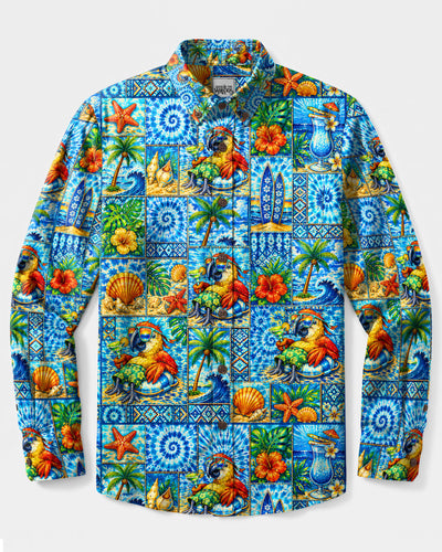 TROPICAL PARROT PARADISE PATCHWORK LONG SLEEVE BUTTON-DOWN SHIRT - TLTW2408263